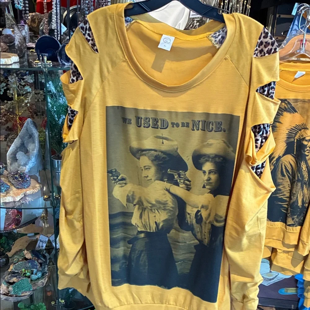 Used to be Nice Yellow Long Sleeve Top with Graphic Print - Picture 3 of 3